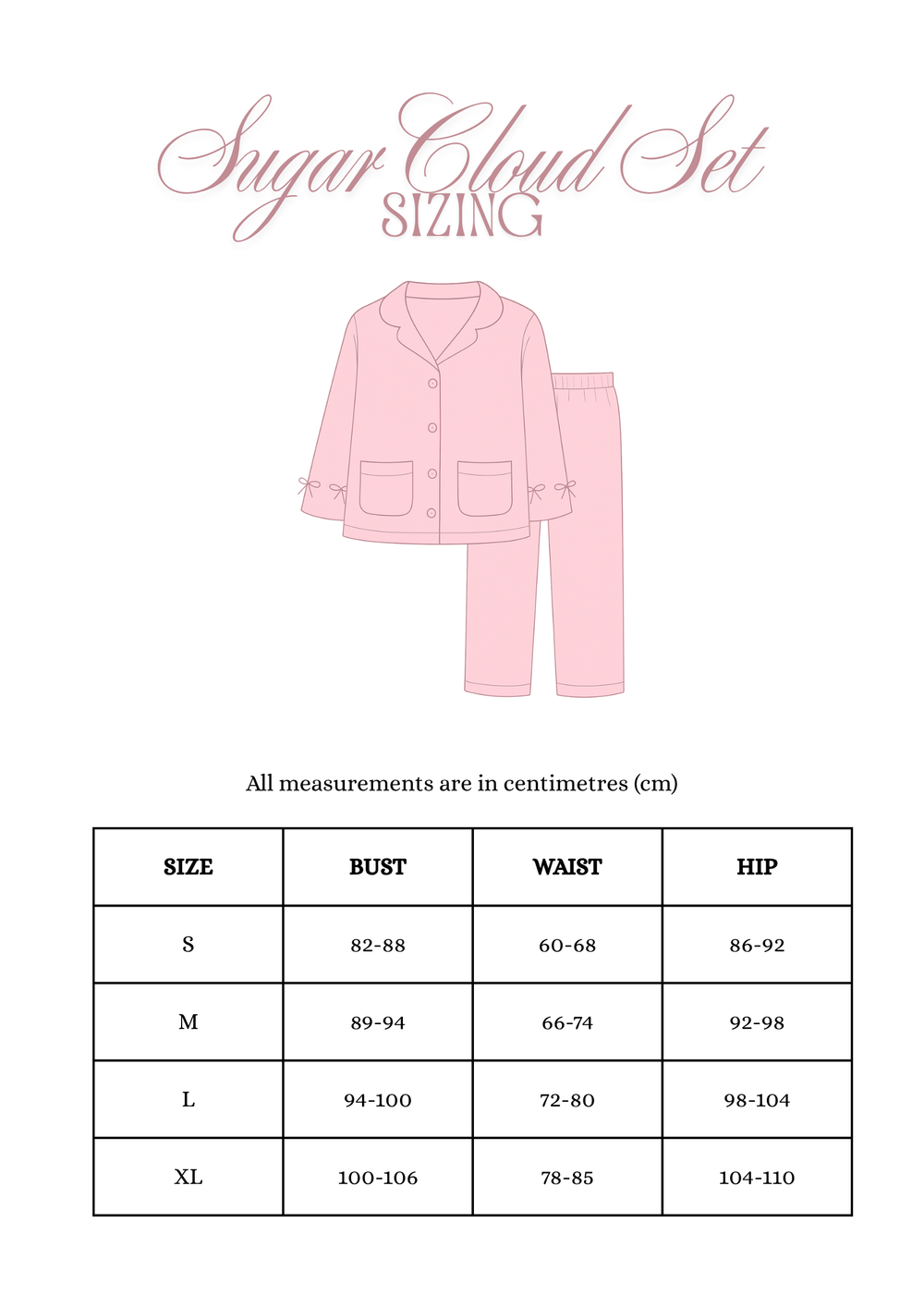 Size chart for Sugar Cloud Set - Pink